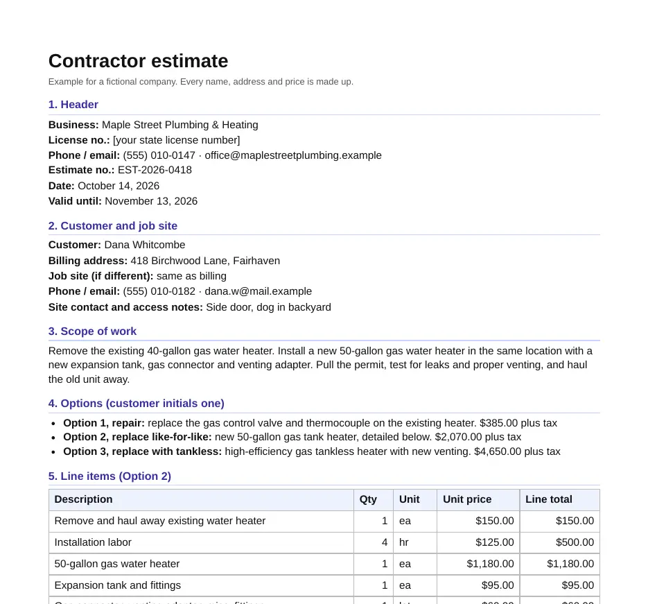 Contractor job estimate form for Maple Street Plumbing & Heating with header, three options, line items and signature lines