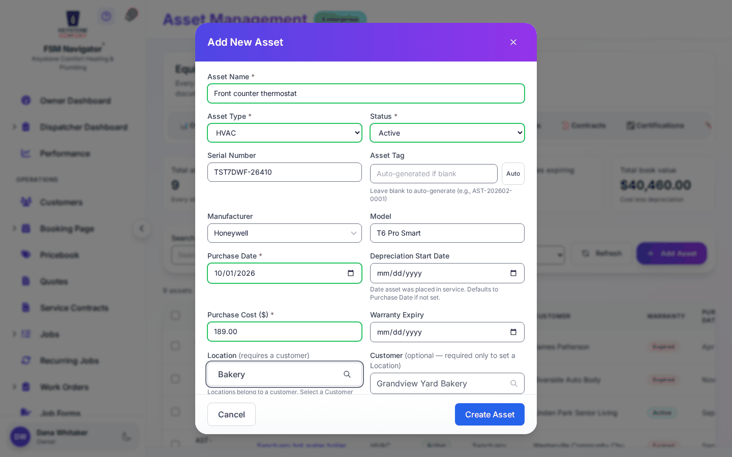 Add New Asset form with a thermostat entered and assigned to a customer and service location