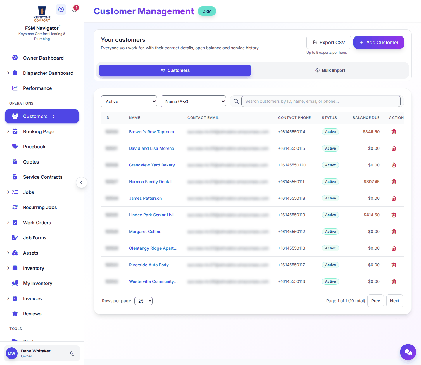 Active customers list with each customer's phone number, status and balance due