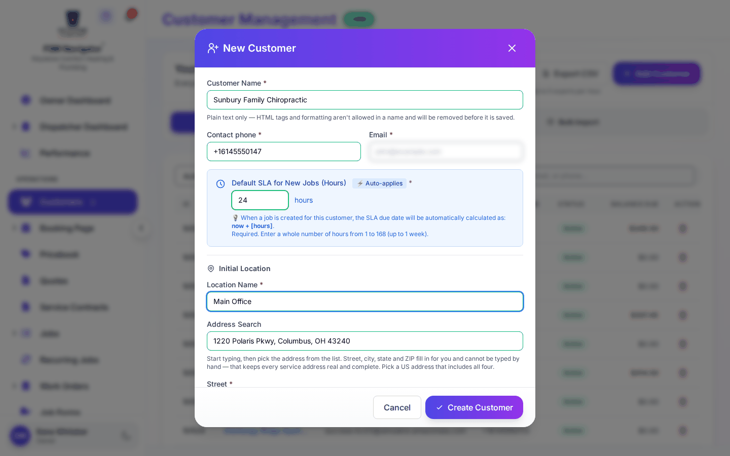 New Customer form with the name, phone, default SLA and first service location filled in