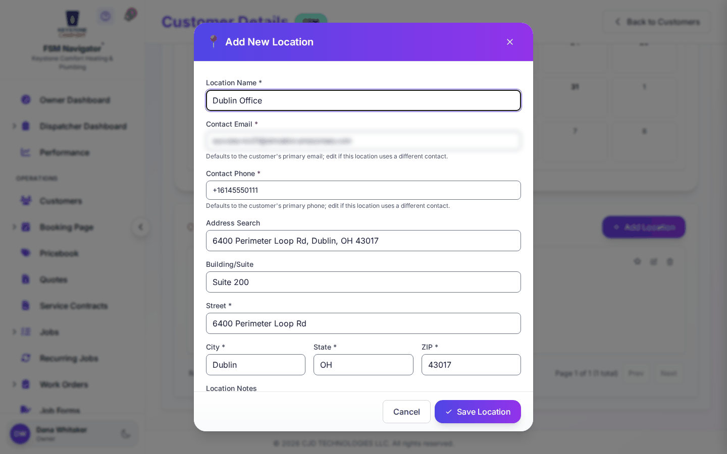 Add New Location form with an address search and the street, city, state and ZIP fields