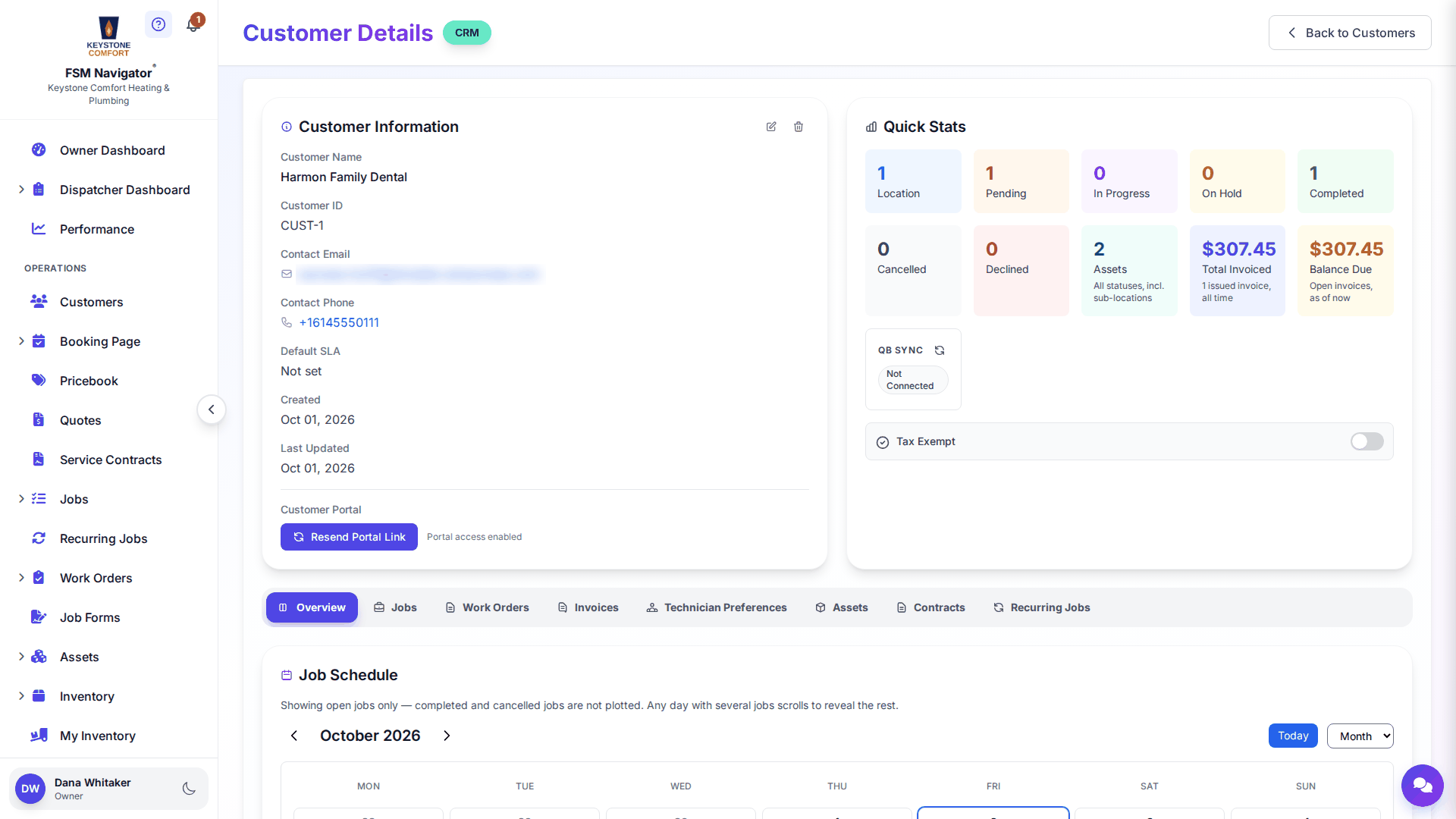 Customer record with contact details, quick stats and tabs for that customer's jobs, work orders and invoices
