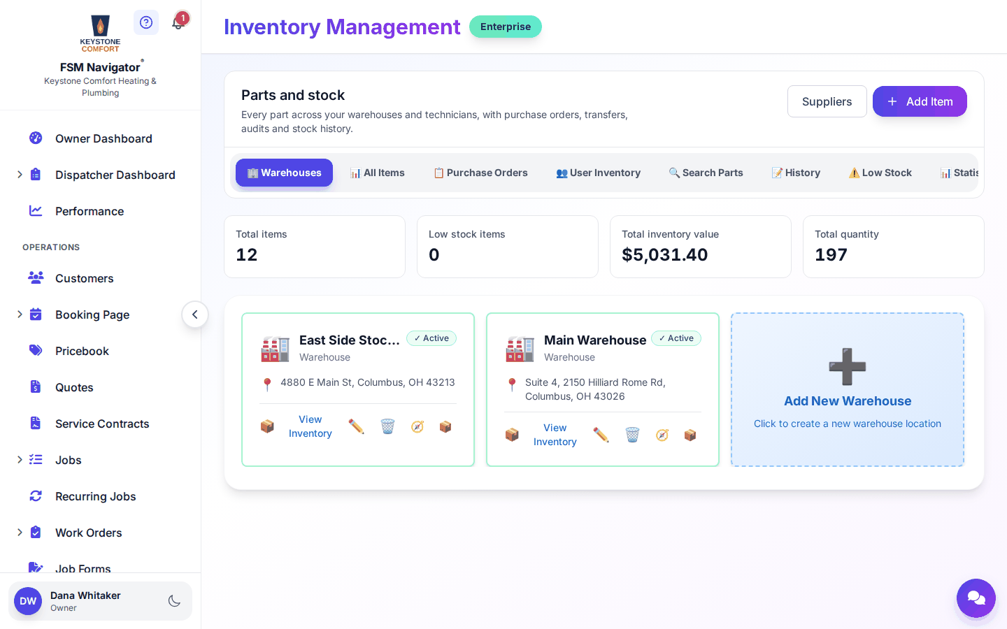 Parts and stock page open on the Warehouses tab, with a card for each warehouse and its stock totals