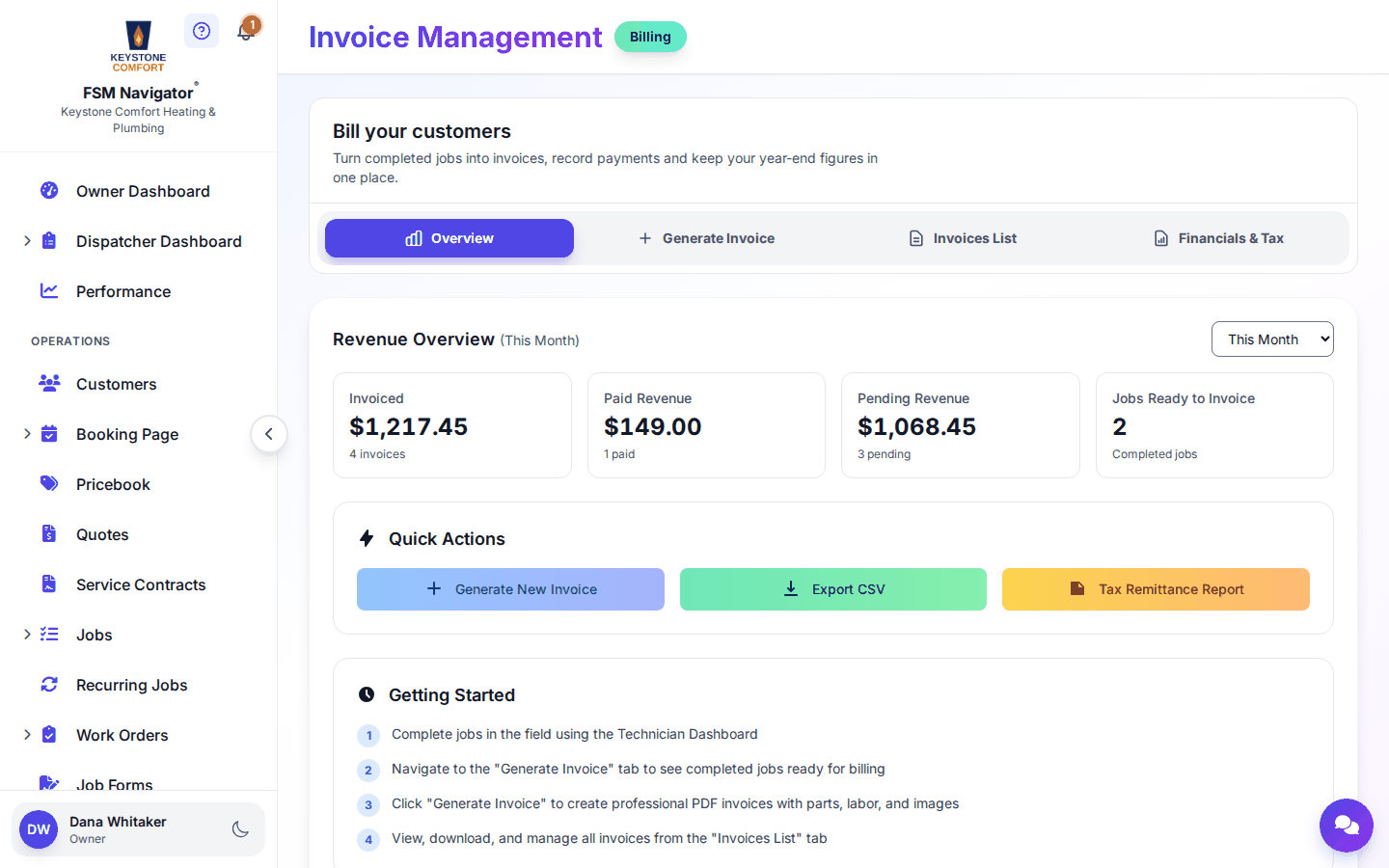 Invoices overview with invoiced, paid and pending totals and quick actions