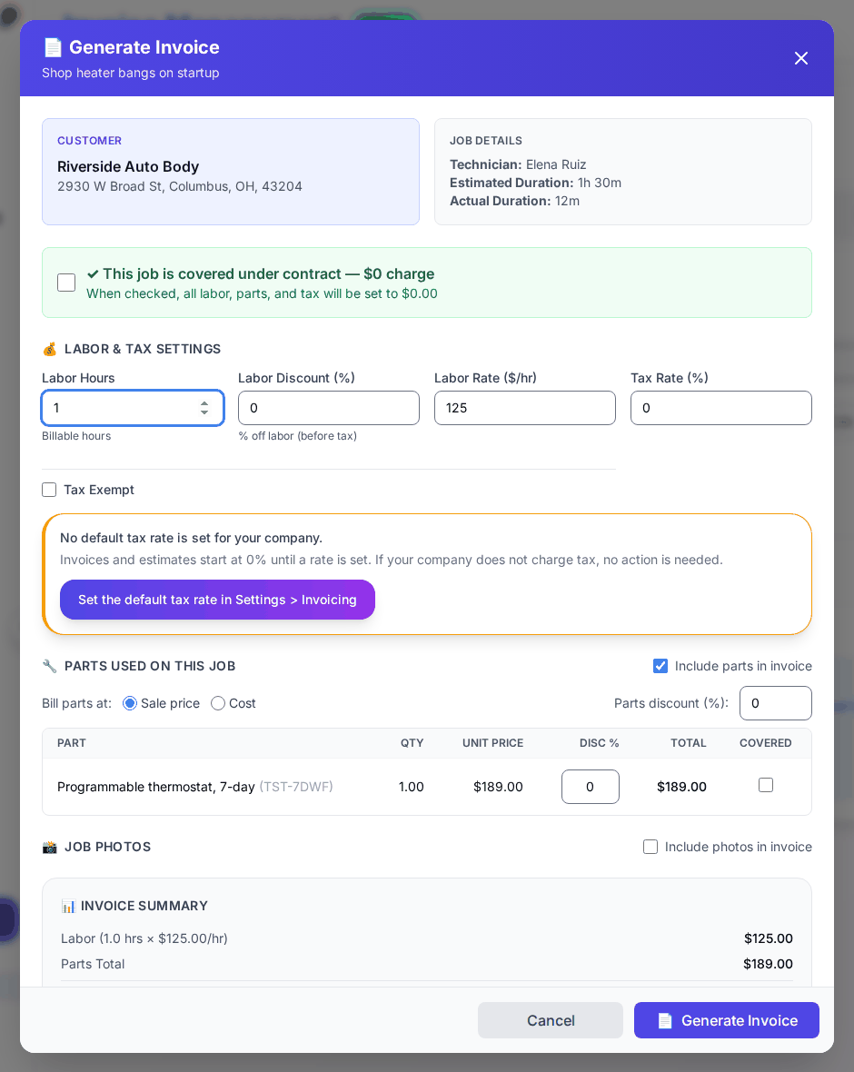 Generate Invoice window for a completed job showing the customer, labor rate, parts used and invoice total