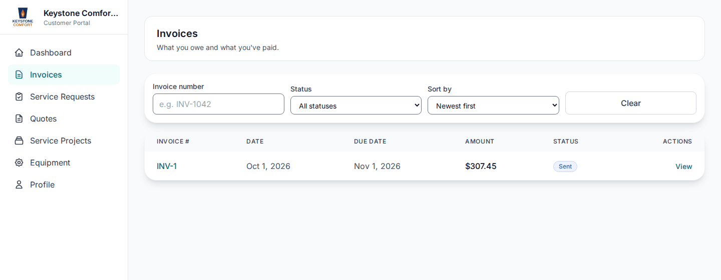 Customer portal invoice list showing an open invoice with its date, due date, amount and status