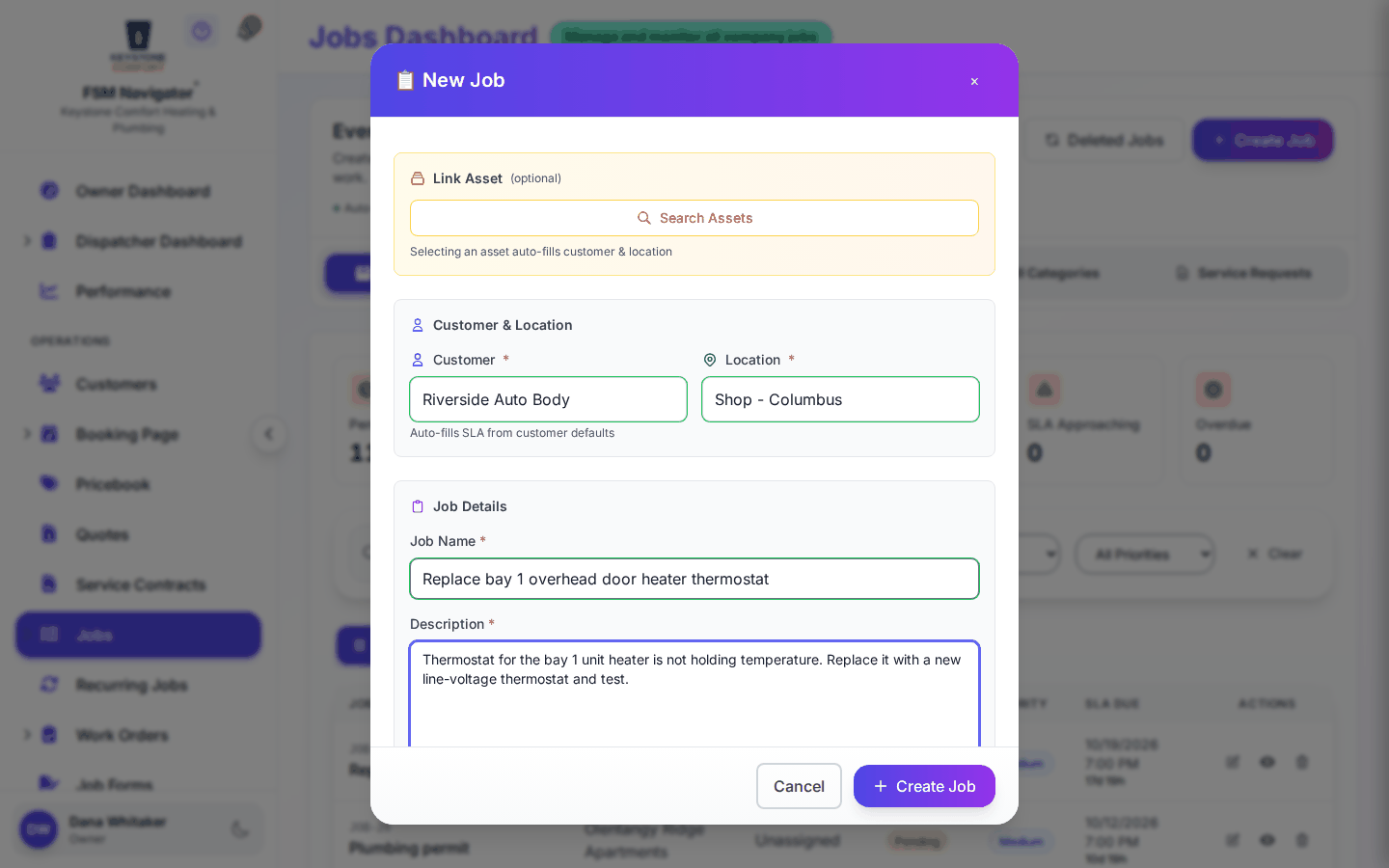 New Job form filled in with the customer, service location, job name and description
