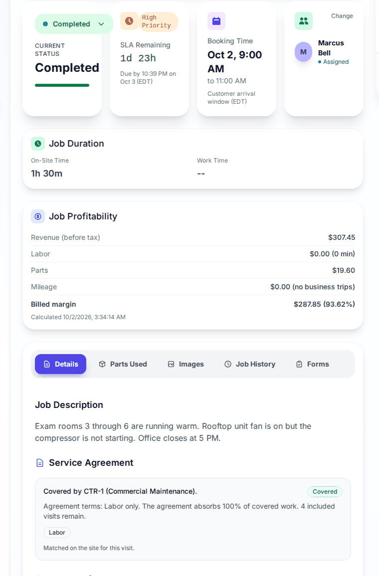 Completed job summary with status, time on the job and profitability, above the Details, Parts Used and Images tabs