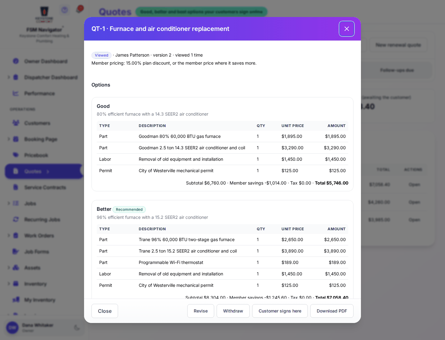 Good, Better and Best quote options, each with its own line items and total