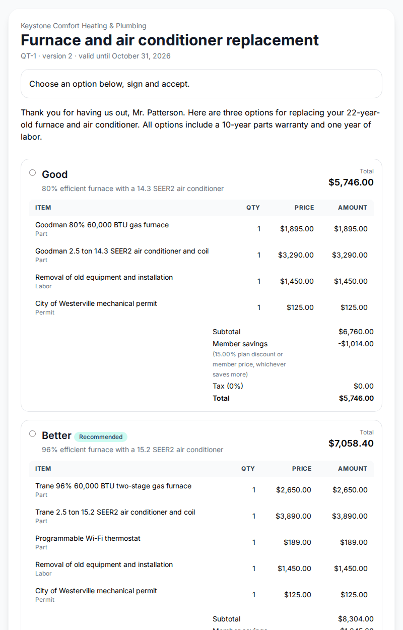 Customer's view of a quote, choosing one of three options before signing to accept