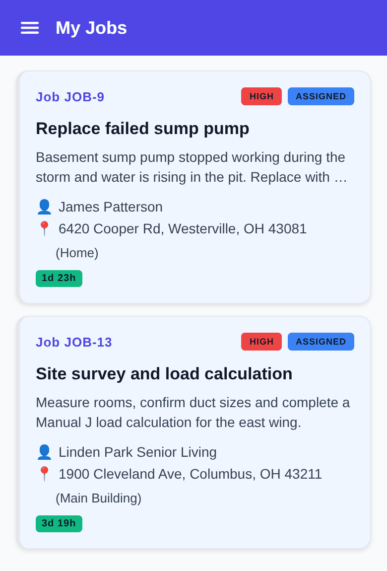 Technician's My Jobs list in the mobile app, showing each assigned job's priority, customer and address