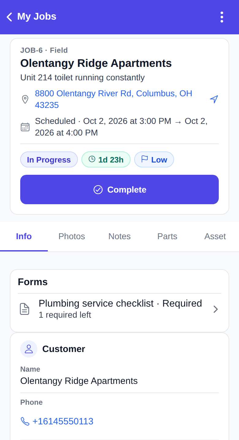 Job screen in the mobile app with Info, Photos, Notes, Parts and Asset tabs and a form the technician must complete