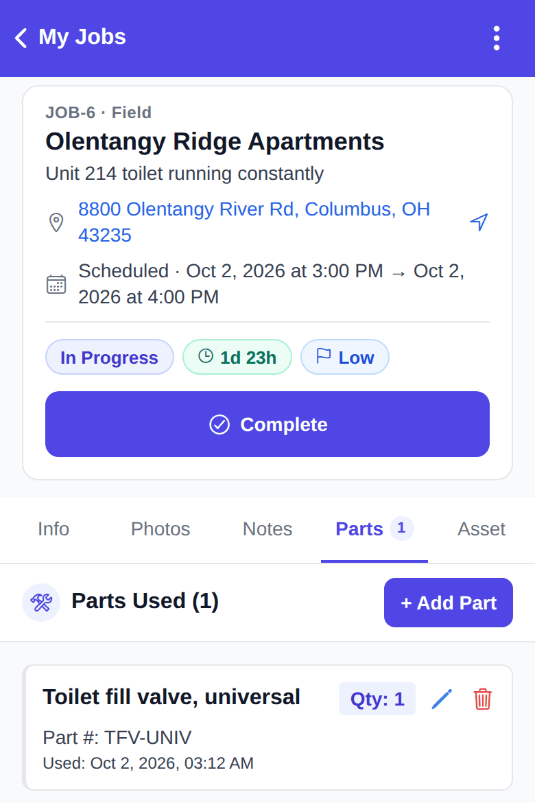 Parts tab in the mobile app showing a part used on the job and the Add Part button