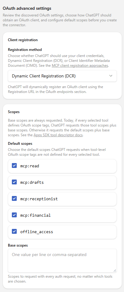 ChatGPT OAuth advanced settings with Registration method set to Dynamic Client Registration (DCR) and the FSM Navigator scopes ticked